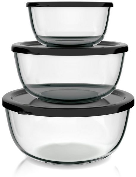 Arendo Salatschüssel 3er Set mit Deckel, Glasschüssel 1,1L / 2,7L / 4,4L, Glas Rührschüssel, Glas, (Set, 3-tlg), Glasschale, BPA-frei, Spülmaschinen- und mikrowellengeeignet