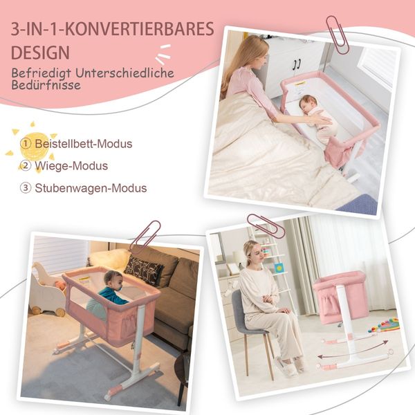 3 in 1 Beistellbett & Babywiege & Reisebett 5-stufig Höhenverstellbares Babybett Rosa