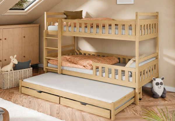 Kids Collective Etagenbett Hochbett Stockbett Kinderbett 90x200 cm mit Ausziehbett und Schubladen (Umbaubar zu 3 Einzelbetten), mit Lattenrosten & Rausfallschutz natur