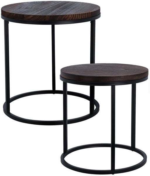 WELL HOME MOBILIARIO & DECORACIÓN Set mit 2 runden Tischen aus Eisen und Paulownia-Holz