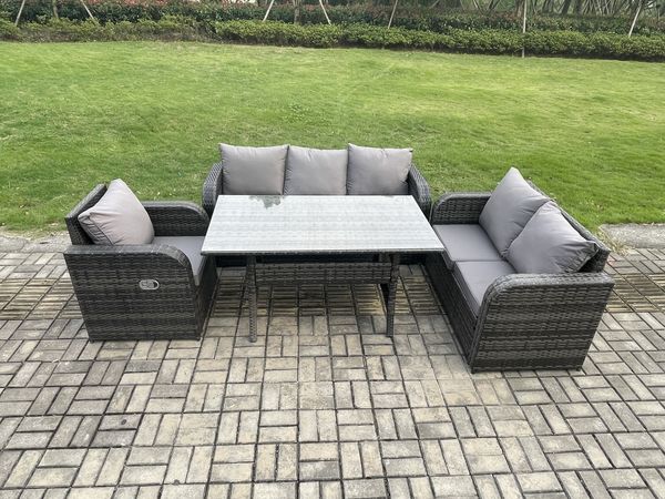 Fimous 6 Sitzer Garten Rattanmöbel Esstisch Sofa Set mit Liegestuhln Dunkelgrau gemischt