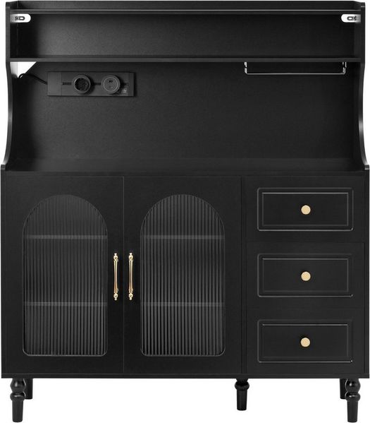 BlingBin Küchenbuffet Hochschrank Küchenschrank Sideboard mit Steckdosen & Schubladen (1er Set, 1-St, Gesamtabmessungen: 120 × 40 × 138.5 cm, Gewichtskapazität: 60kg) Barschrank mit Weinglashaltern und Stauraum für Küche, Schwarz