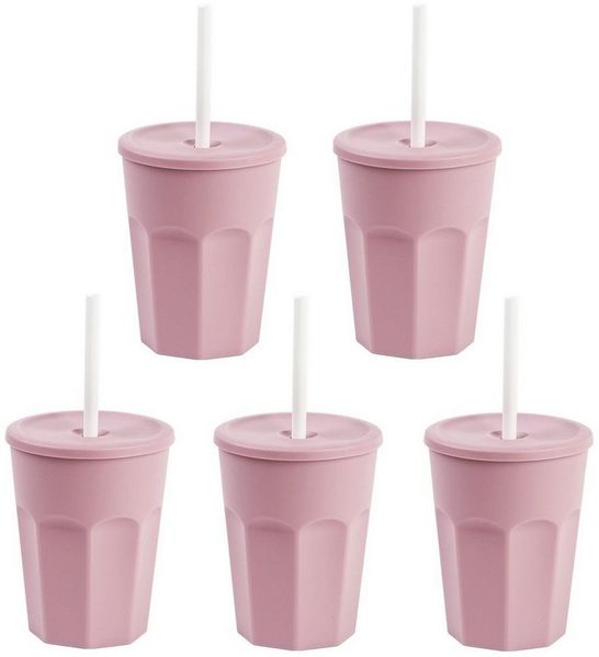 Engelland Becher Wiederverwendbare Plastikbecher mit Deckel und Strohhalm, 0,25 Liter, 5-tlg, Kunststoff, BPA-frei, spülmaschinengeeignet, lebensmittelecht, Temperaturbeständig