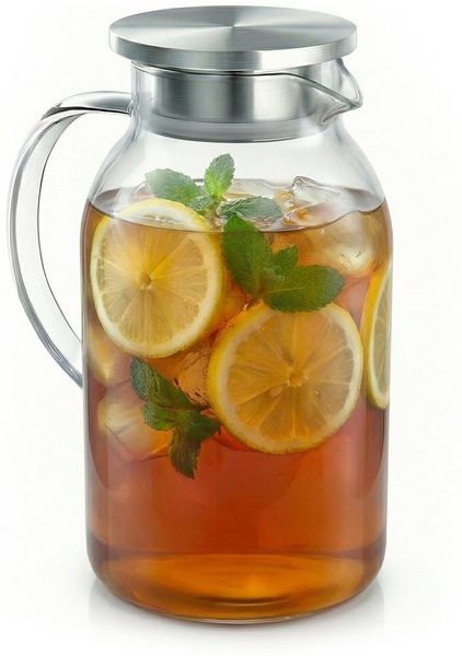 Arendo Karaffe Glaskaraffe mit Deckel aus lebensmittelechtem Edelstahl, Borosilikatglas, 2300 ml, Sieb, hitze- und kältebeständig, BPA-frei