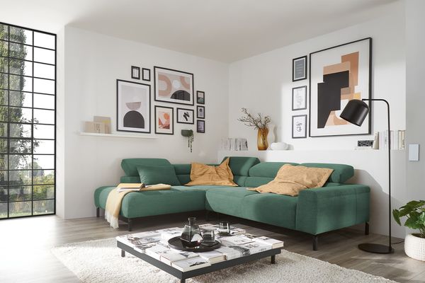 KAWOLA Sofa DELIA Ecksofa Feincord grün mit motorischem Sitzvorzug Recamiere links 74 x 219 x 276 cm