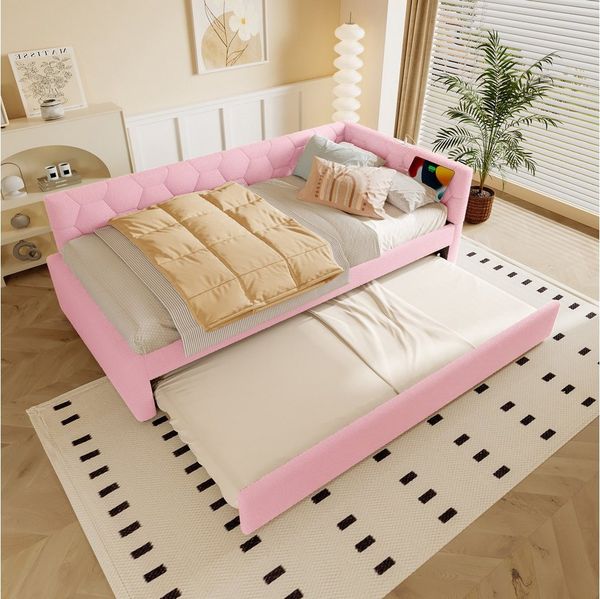 Flieks Daybett, Polsterbett Kinderbett 90x200cm mit Ausziehbett 90x190cm, USB & Typ-C