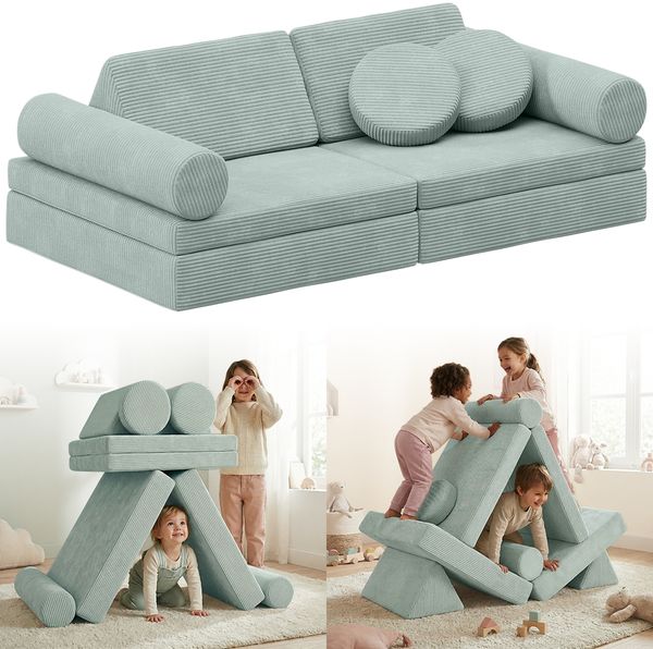 Bellabino 'Nile' Spielsofa mit Kissen und Armlehnen, 8-tlg, Cord, türkis, faltbare Kindercouch, abnehmbarer & waschbarer Bezug, Kindersofa aus Schaumstoff