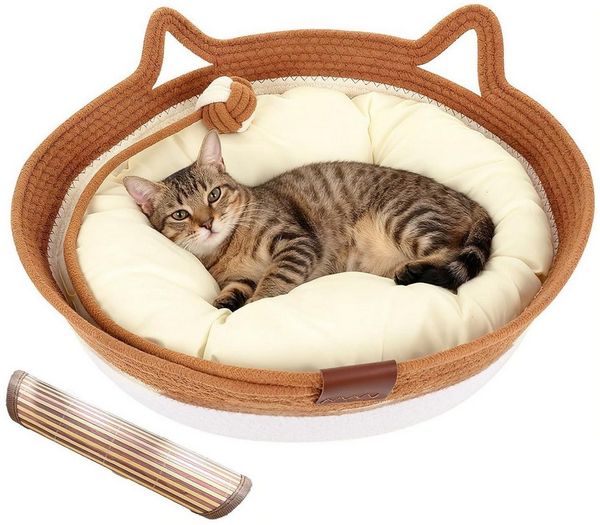 BlingBin Tierbett Katzenbett aus Baumwollseil, handgeflochtener Katzenkorb, Waschbar, Haustierbett mit Kissen, Kratzmatte und Spielzeugschwanz, Indoor
