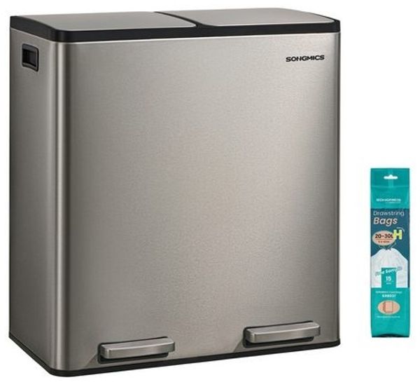 SONGMICS Abfalleimer 2 Fächer, Mülleimer 2 x 30 L, Tretmülleimer Softclose-Deckel, Küche, herausnehmbare Inneneimer, silbern