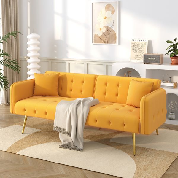 2-Sitzer Schlafsofa 215 x 81,5 x 41 cm mit Schlaffunktion, gelber Veloursbezug