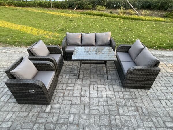 Fimous 7-Sitzer Hoher Rücken Polyrattan Sofa Set Gartenmöbel Esstisch Set mit Liegestühle 3-Sitzer Sofa Love Sofa