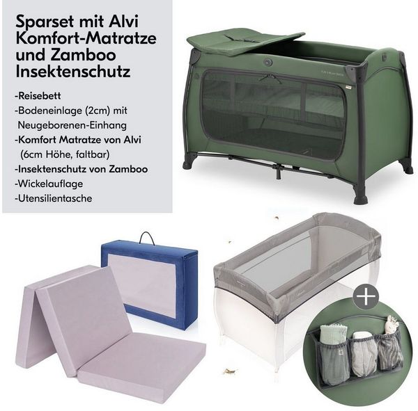 Hauck Baby-Reisebett Play'n Relax Center - Dark Green, Babyreisebett mit Matratze, Insektenschutz, Wickelauflage, Einhang