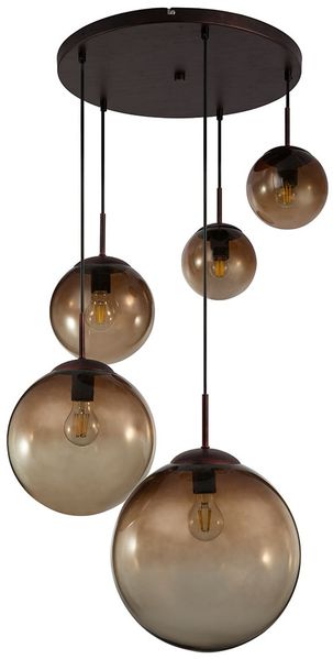 Hängeleuchte, 5x Glaskugeln, amber, Höhe 150 cm