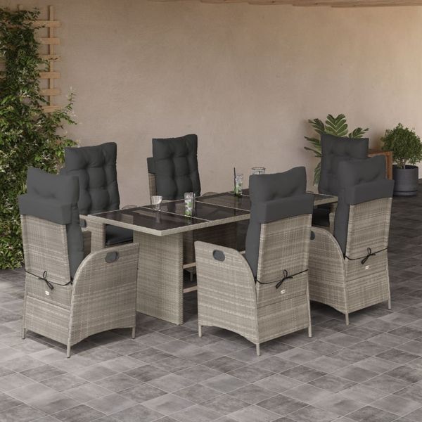 vidaXL 7-tlg. Garten-Essgruppe mit Kissen Hellgrau Poly Rattan 3213130