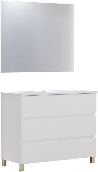 Baikal Badmöbel-Set Neo mit Spiegel Mond, DREI Schubladen oder Zwei Türen, Möbel mit Beinen, Verschiedene Ausführungen und Größen, Melamin 16 mm, montiert, 3c 100 Weiß