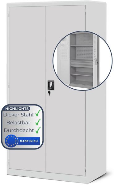 Werkzeugschrank mit Lochwand AESO - Mit Schubladen, Abschließbar | Metallschrank mit Werkzeugwand Werkstattschrank Perforierte Rückwand, 185x92x50cm Grau