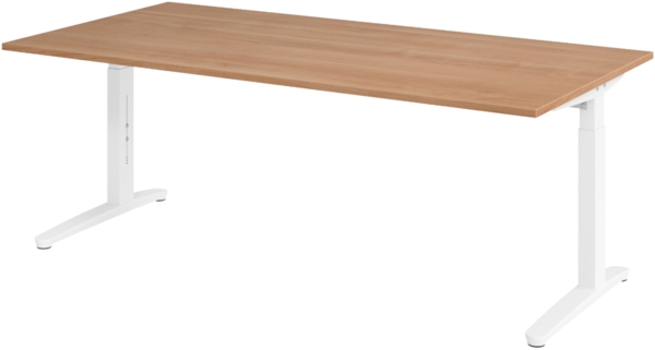bümö manuell höhenverstellbarer Schreibtisch 200x100 in Nussbaum, Gestell in weiß - PC Tisch höhenverstellbar & groß, höhenverstellbarer Tisch Büro, großer Computertisch verstellbar, X2E-N-WW