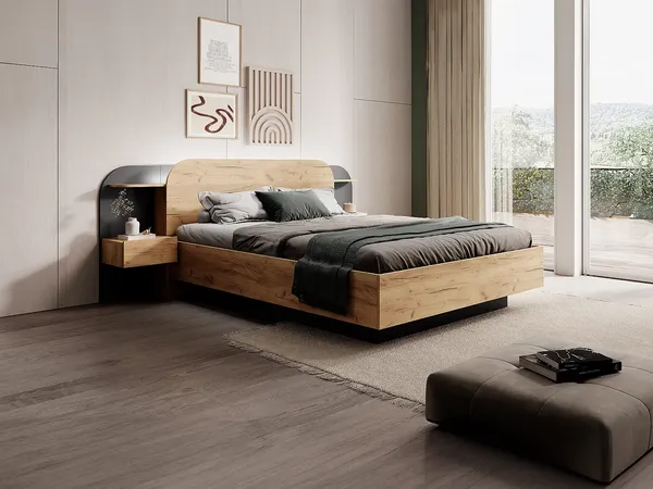 Vente-unique - JUVISIA Bett Holz, Platte SchwarzBeige - B 223 cm x H 95 cm x L 249 cm