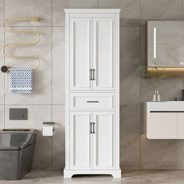 60x40x180 cm, Badezimmer-Hochschrank, lackierte Oberfläche, verstellbare Einlegeböden, Auszugsschubladen, Doppeltüren, Kippsicherung, schwarze Griffe, Scharniere mit Soft-Close-Funktion, weiß.