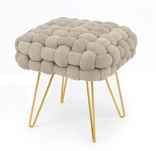 Milord FURNITURE Sitzhocker Polsterhocker aus Samt Geflochten 38 cm, Ottoman-Fußhocker (mit Metallbeinen Goldfarben, Sitzbank Schminktisch Hocker Fußstütze, 38T x 42B x 38H cm)