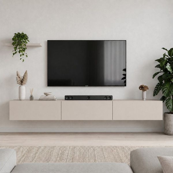 Planetmöbel TV-Schrank West TV-Board, Fernsehtisch 300 cm lang, TV-Lowboard (für Fernseher bis 85 Zoll, TV Schrank viel Stauraum, sideboard hängend, Fernsehschrank 3x 100 x 30 x 37,5 cm) kaschmir