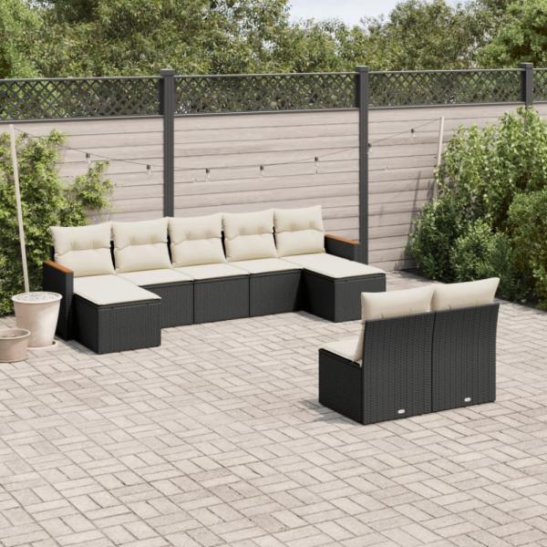 vidaXL 9-tlg. Garten-Sofagarnitur mit Kissen Schwarz Poly Rattan 3226371