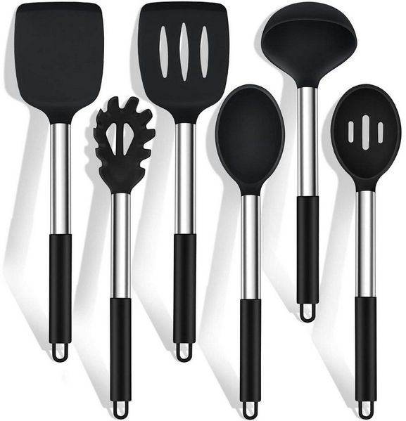 LuxusKollektion Kochbesteck-Set Kochlöffel Silikon 6 Stück Edelstahlgriff Spülmaschinenfest Schwarz