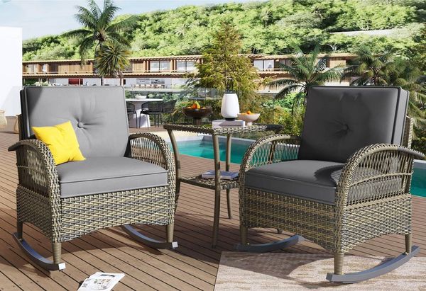 LVHOM Balkonset Outdoor-Loungeset, PE-Rattan Schaukelstuhl, (3-tlg. wetterfest, Gartenlounge-Set, Gartenbar-Set, Polstergarnitur, Schaukelsessel, 2 Sessel + Tisch, 160 kg Tragkraft, Braun-Grau), Ergonomische Sitzschalen, Schnell trocknende Polster