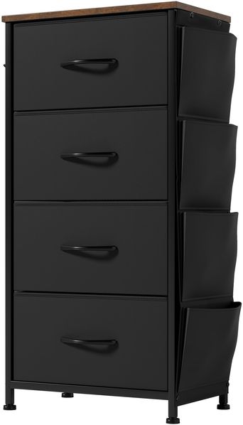 YITAHOME Kommode,Kommode mit 4 Schubladen,Kommodenschrank mit Haken und Seitentaschen,Stoffschubladen mit Griffen,Metallgestell,Dauerhaft,Schwarz