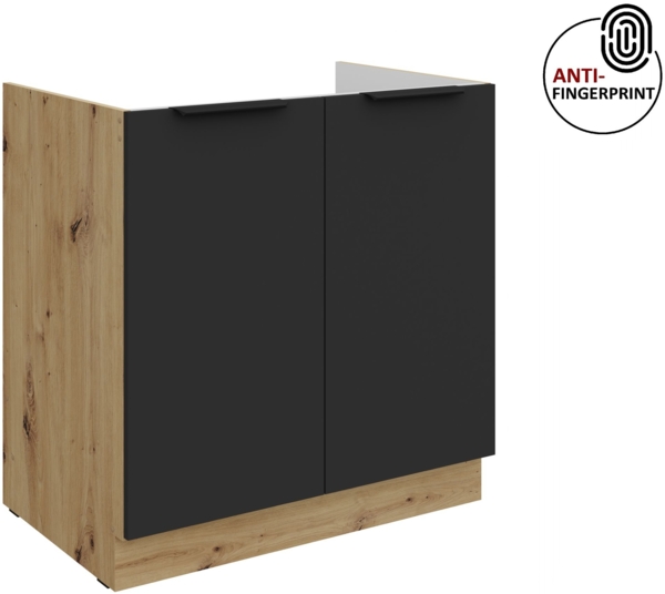 Küchen Spülenunterschrank 80 cm Küche ARIA Schwarz ultra matt + Eiche Artisan matt, hochwertige Fronten mit Anti Fingerprint Beschichtung Küchenzeile Küchenblock