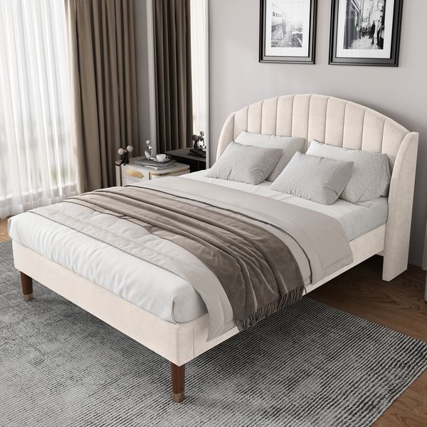 Polsterbett 140x190 cm, Lattenrost, Samt, Beige