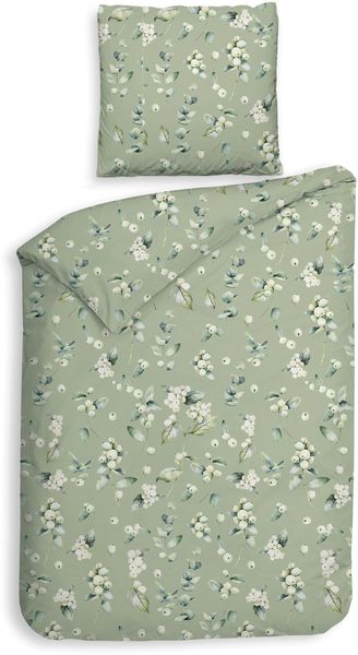 Heckett & Lane Flanell Bettwäsche 135x200 Ciro Green Beeren Blätter Zweige grün