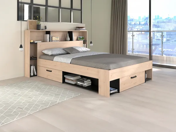 Vente-unique - KINSELIA Bett Holz, Platte SchwarzBeige - B 225 cm x H 103,5 cm x L 182 cm