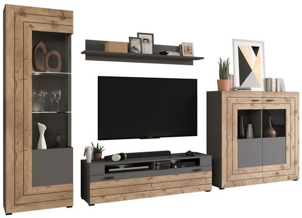 möbelvita Wohnwand Snap Wohnwandkombination B/H/T 350x194x40 in grau, (1x Vitrine, 2x Glasbodenclip, 1x TV Element 1x Wandboard 1x Highboard), Inkl. Glasbodenbeleuchtung