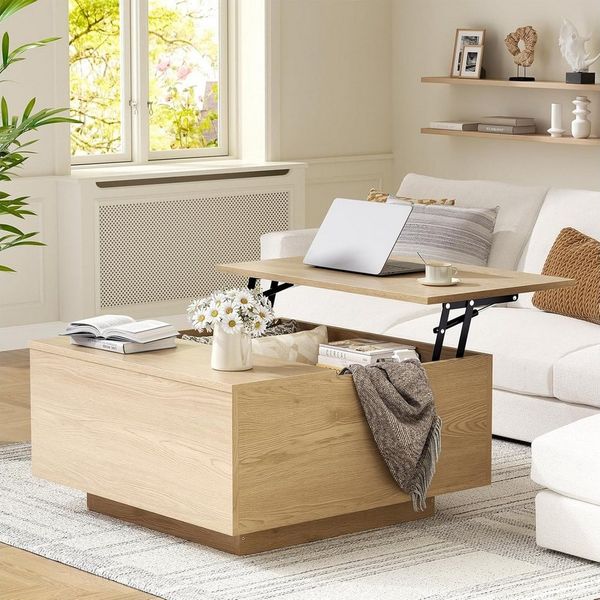 FABATO Couchtisch eckig, höhenverstellbar mit verstecktem Staufach, Landhaus-Design (1-St), mit einem sanften Hebe-Mechanismus, natur