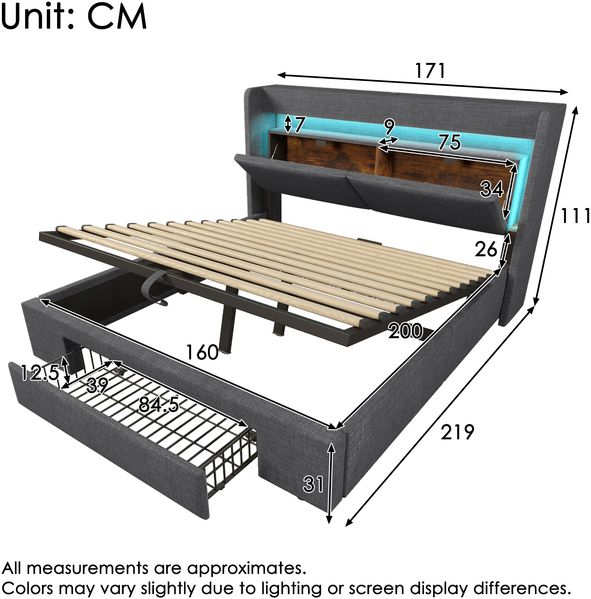 Polsterbett 160×200 cm mit hydraulischem Bettkasten, LED, USB/USB-C, Grau, ohne Matratze Bild 5