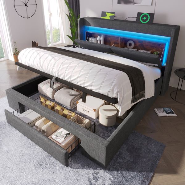 Polsterbett 160×200 cm mit hydraulischem Bettkasten, LED, USB/USB-C, Grau, ohne Matratze