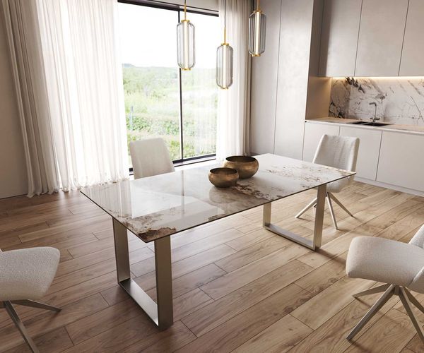 Esstisch Edge 200x100 Keramik Minas Melange Weiß-Beige Edelstahl Schmal