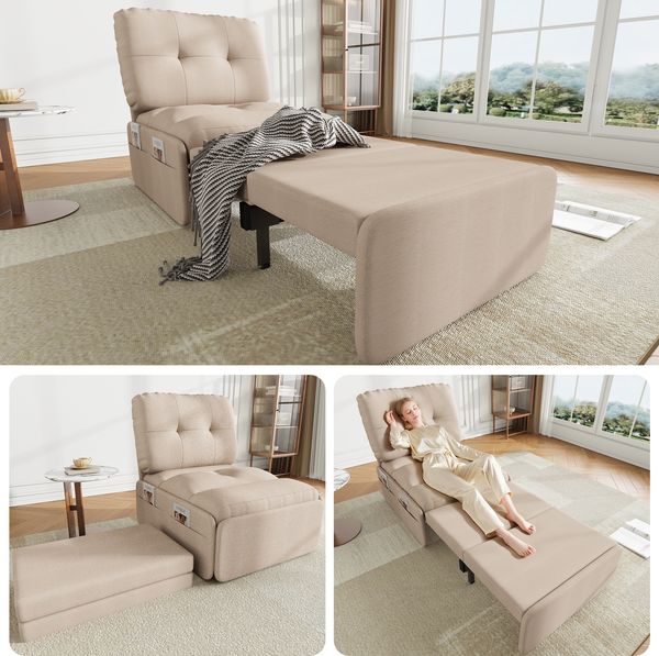 Flieks 2-in-1 Schlafsofa mit Ausziehfunktion – Einzelsessel & Gästebett, 195 × 81.5 × 90 cm, Leinenstoff, platzsparendes Multifunktionssofa, Beige