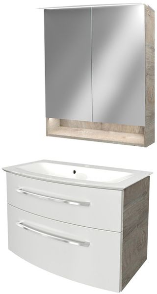 FACKELMANN B.STYLE Waschtisch Set mit Spiegelschrank 83 cm breit, Weiß/Braun, Waschbecken Gussmarmor Weiß