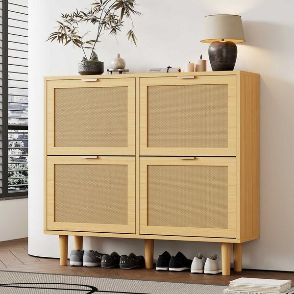 BlingBin Schuhschrank Rattan (1-St, Klappfächern, Lochmuster-Rattantür) 100 x 25 x 90 cm