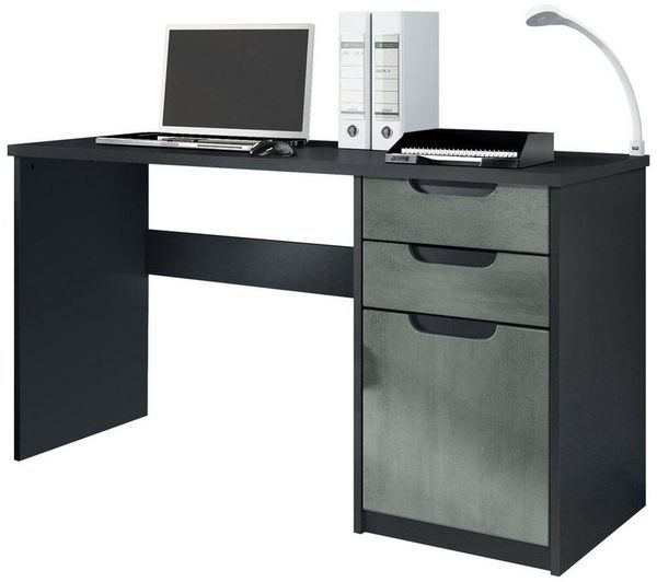 Vladon Schreibtisch Logan, Bürotisch mit 2 Schubladen und 1 Tür, Schwarz matt/Beton Dunkel Optik (129 x 76 x 60 cm)