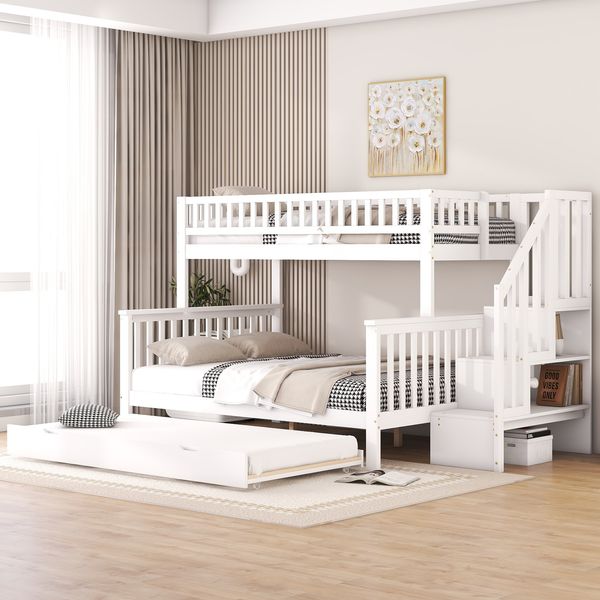 Etagenbett, 90 x 200cm und 140 x 200cm , Bett mit Lattenrost (ohne Matratze), Kinderbett, Kiefer, Bett mit Rollcontainer und Treppe, weiß