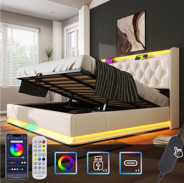 HAUSS SPOLE Polsterbett 180x200cm mit LED-Beleuchtung, Ladefunktion weiß PU mit Matratze
