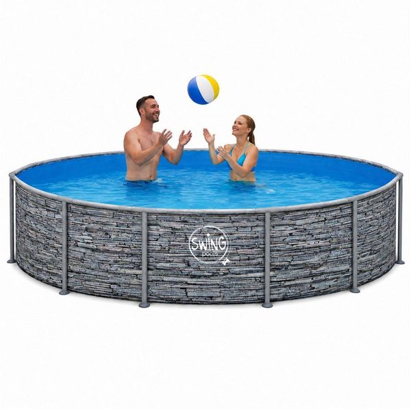 HAF Framepool Frame Pool Aufstellpool Schwimmbecken Grau Steinoptik rund 305x76 cm (Vollständiges Komplett Set mit Rahmen und Folie, Einfacher, schneller & unkomplizierter Aufbau), Lieferumfang OHNE Filter oder Pumpe