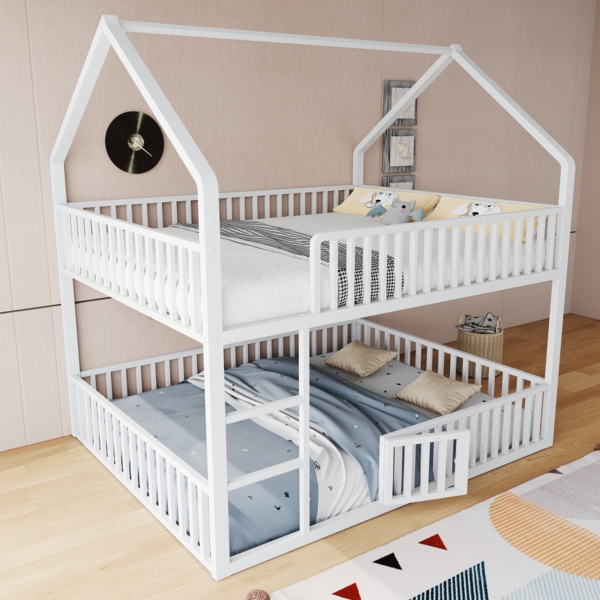 Merax Kinder-Etagenbett 140x200, Jugendbett Metall-Doppelbett, Kinder-Familienbett, Etagenbett mit Treppe, Loft-Design, Weiß (Ohne Matratze) Bild 3