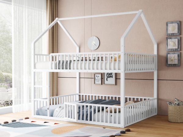 Merax Kinder-Etagenbett 140x200, Jugendbett Metall-Doppelbett, Kinder-Familienbett, Etagenbett mit Treppe, Loft-Design, Weiß (Ohne Matratze) Bild 5