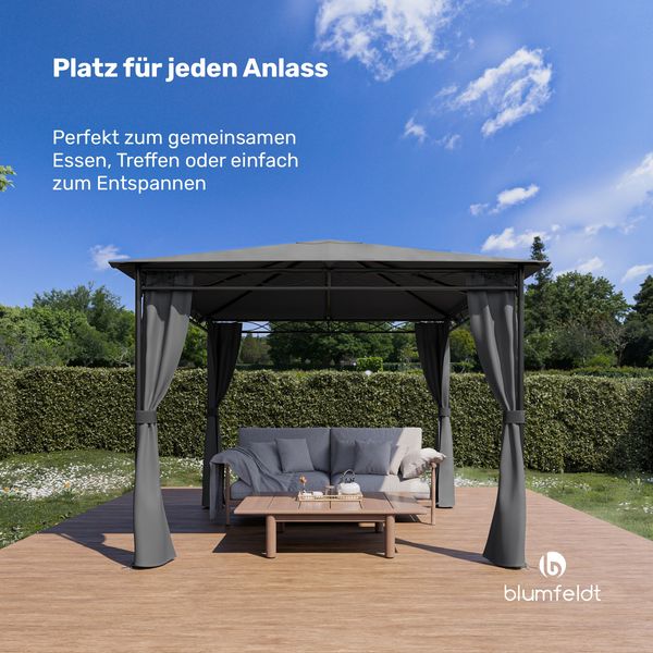 Blumfeldt Mondo - Pergola Partyzelt Gartenzelt Gazebo, Größe: 2,95 x 2,6 x 2,95 m (BxHxT), 4 Seitenteile, EasyMount Concept, Witterungsschutz: UV / Wind / Regen, dunkelgrau
