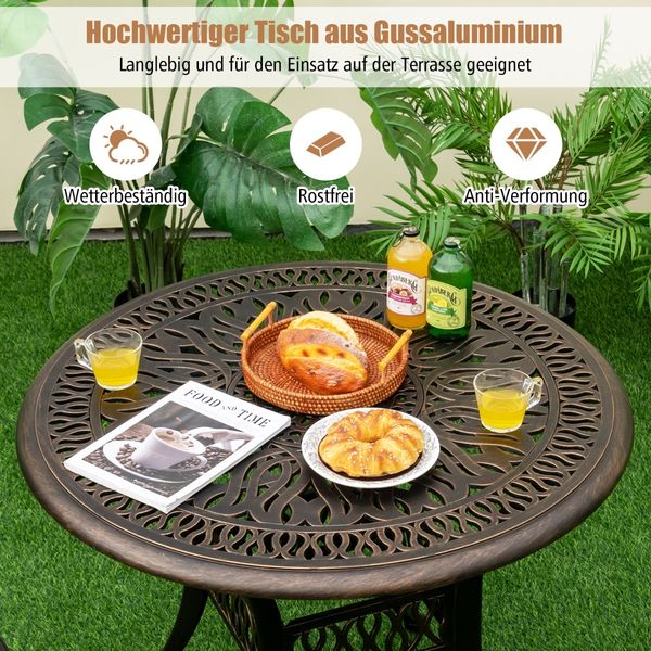 Runder Terrassen-Esstisch Bistrotisch aus Aluminiumguss mit Schirmloch Ø90 x 74 cm Braun