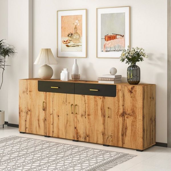 Merax Sideboard, Holz,Kommode in Eiche,Highboard,Anrichte,Breite: 208cm